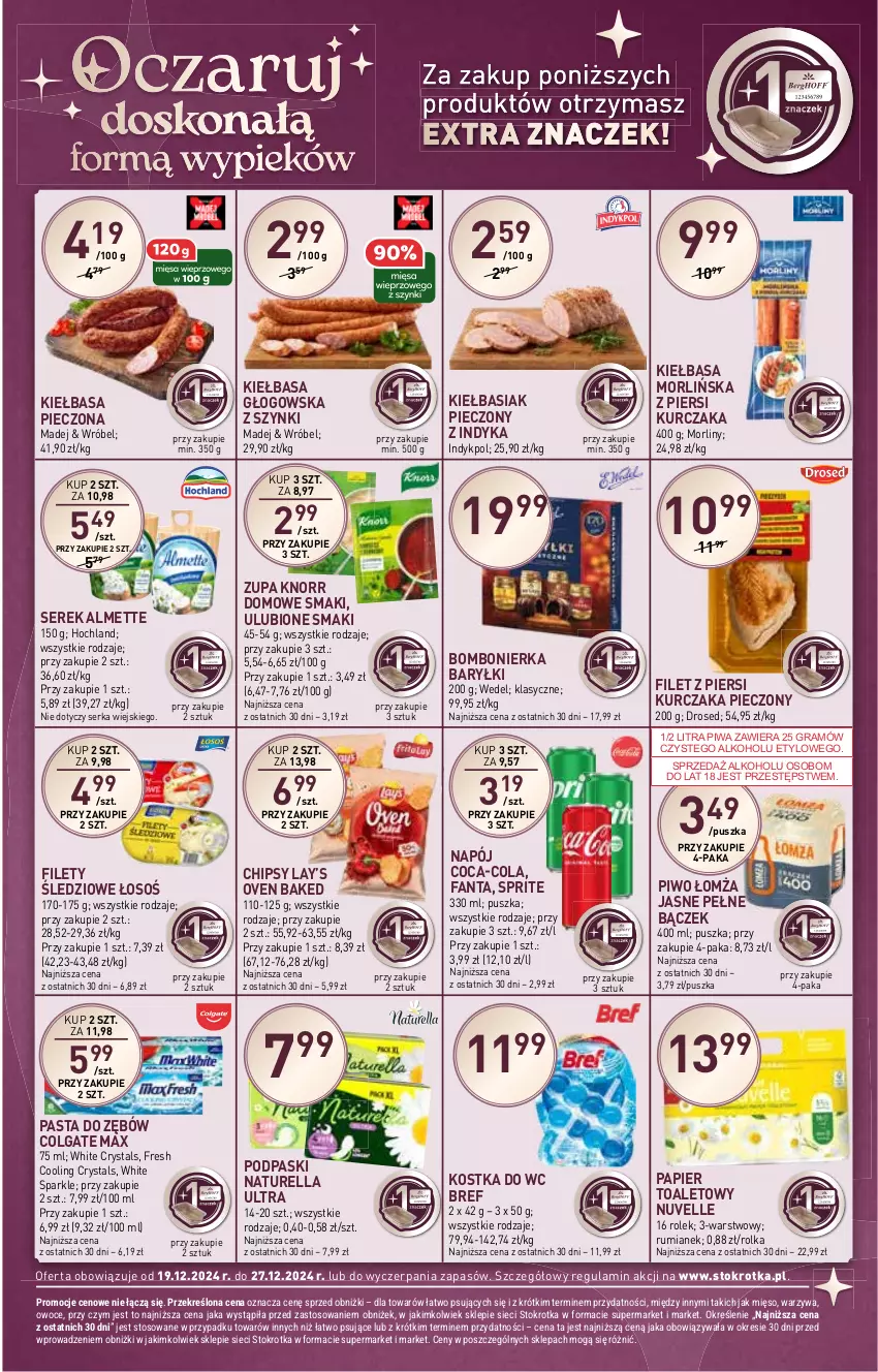 Gazetka promocyjna Stokrotka - Supermarket - ważna 19.12 do 27.12.2024 - strona 11 - produkty: Almette, Baryłki, Basia, Bref, Chipsy, Coca-Cola, Colgate, Fa, Fanta, Filet z piersi kurczaka, Gra, Hochland, Kiełbasa, Kiełbasa głogowska, Knorr, Kostka do wc, Kurczak, Lay’s, LG, Mięso, Morliny, Napój, Naturell, Naturella, Owoce, Papier, Papier toaletowy, Pasta do zębów, Piec, Piwa, Piwo, Podpaski, Rum, Ser, Serek, Sprite, Warzywa, Zupa