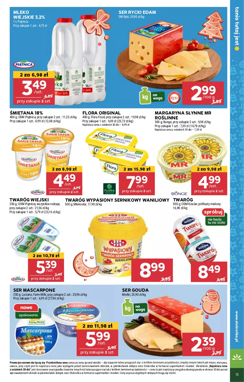 Gazetka promocyjna Stokrotka - Supermarket - ważna 19.12 do 27.12.2024 - strona 19 - produkty: Edam, Flora, Gin, Gouda, Margaryna, Mascarpone, Mięso, Mleko, Owoce, Rycki Edam, Ser, Słynne, Słynne MR Roślinne, Twaróg, Warzywa