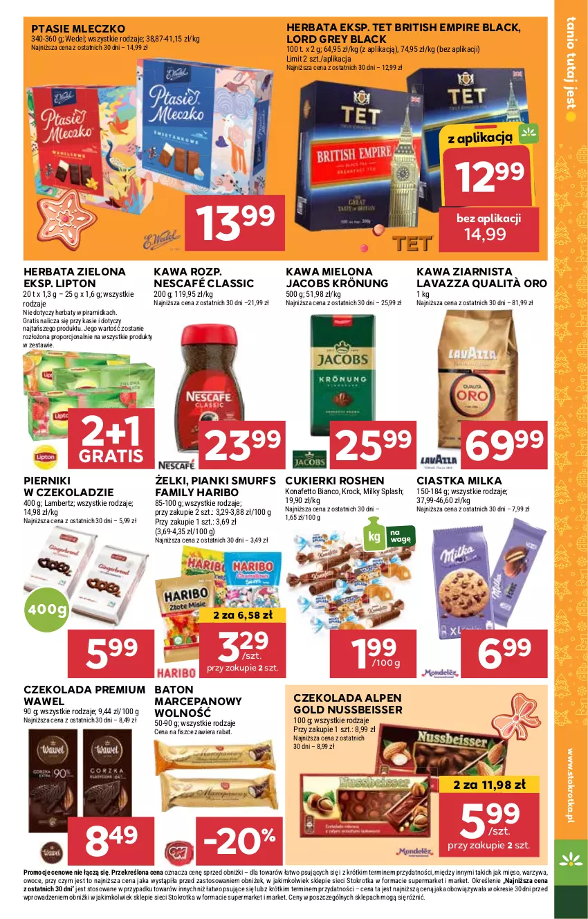 Gazetka promocyjna Stokrotka - Supermarket - ważna 19.12 do 27.12.2024 - strona 21 - produkty: Baton, Brit, Ciastka, Cukier, Cukierki, Czekolada, Fa, Gra, Haribo, Herbata, Jacobs, Jacobs Krönung, Kawa, Kawa mielona, Kawa ziarnista, Lack, Lavazza, Lipton, Mięso, Milka, Mleczko, Nescafé, Owoce, Piernik, Pierniki w czekoladzie, Por, Ptasie mleczko, Ser, Warzywa, Wawel