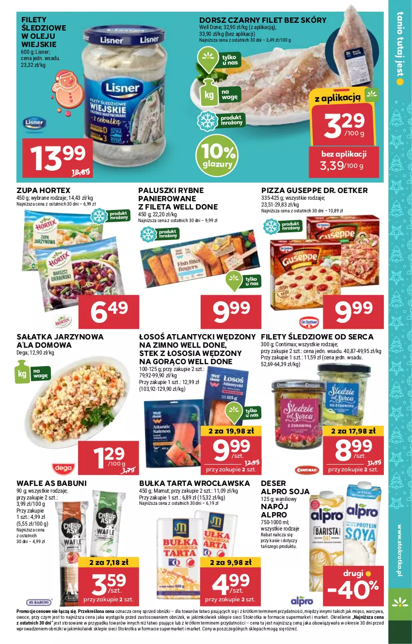 Gazetka promocyjna Stokrotka - Supermarket - ważna 19.12 do 27.12.2024 - strona 27 - produkty: Alpro, Babuni, Bułka, Bułka tarta, Deser, Dorsz, Dr. Oetker, Hortex, Lazur, Mięso, Napój, Olej, Owoce, Paluszki rybne, Pizza, Sałat, Sałatka, Ser, Sos, Stek, Tarta, Wafle, Warzywa, Zupa