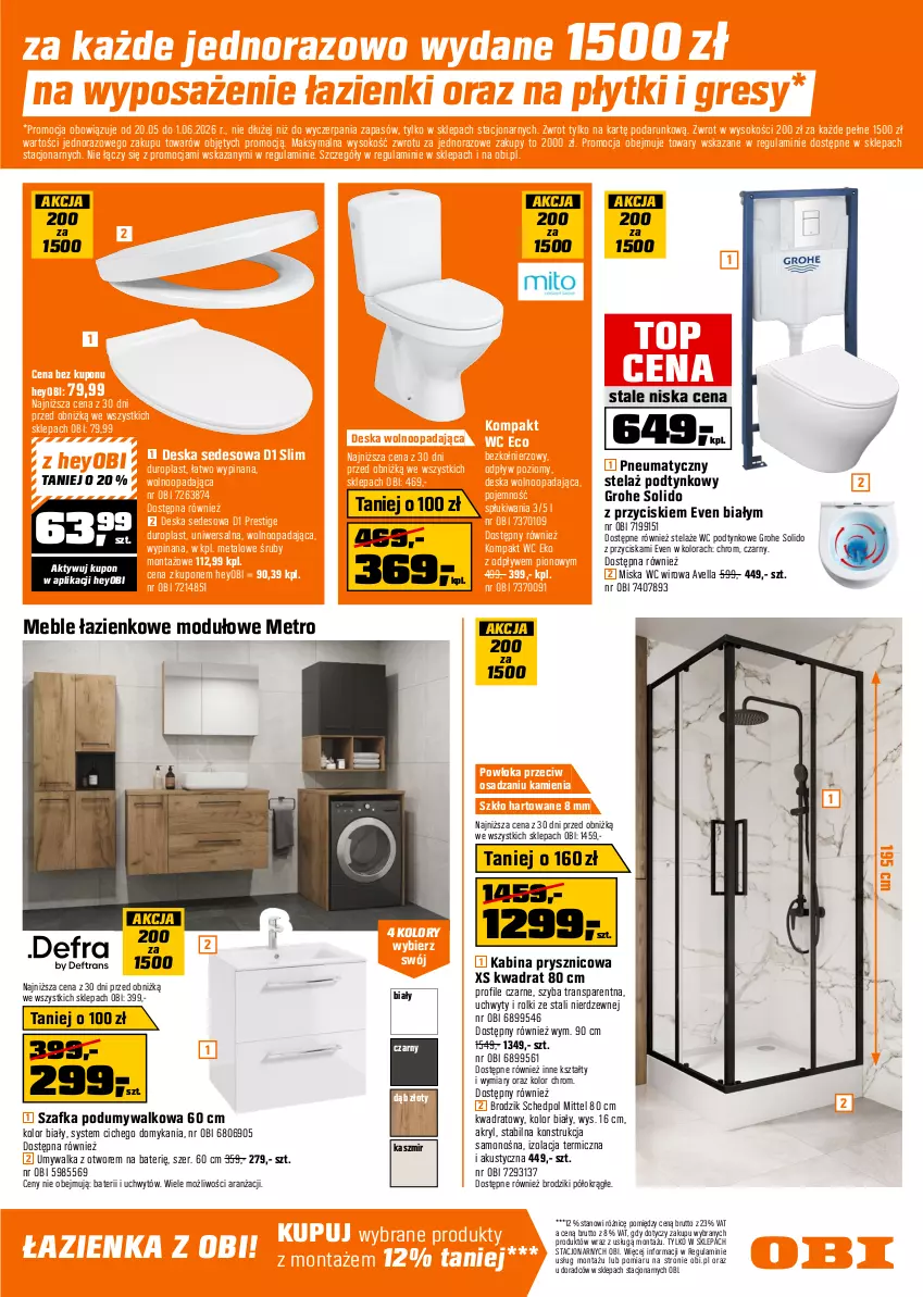 Gazetka promocyjna Obi - Gazetka OBI - ważna 20.05 do 01.06.2026 - strona 17 - produkty: Brodzik, Deska sedesowa, Deska wolnoopadająca, Finish, Gładź polimerowa, Gres, Grohe, Kabina prysznicowa, Kompakt WC, Meble, Meble łazienkowe, Metro, Miska, Rolki, Sok, Szafka, Top, Tran, Uchwyty, Umywalka