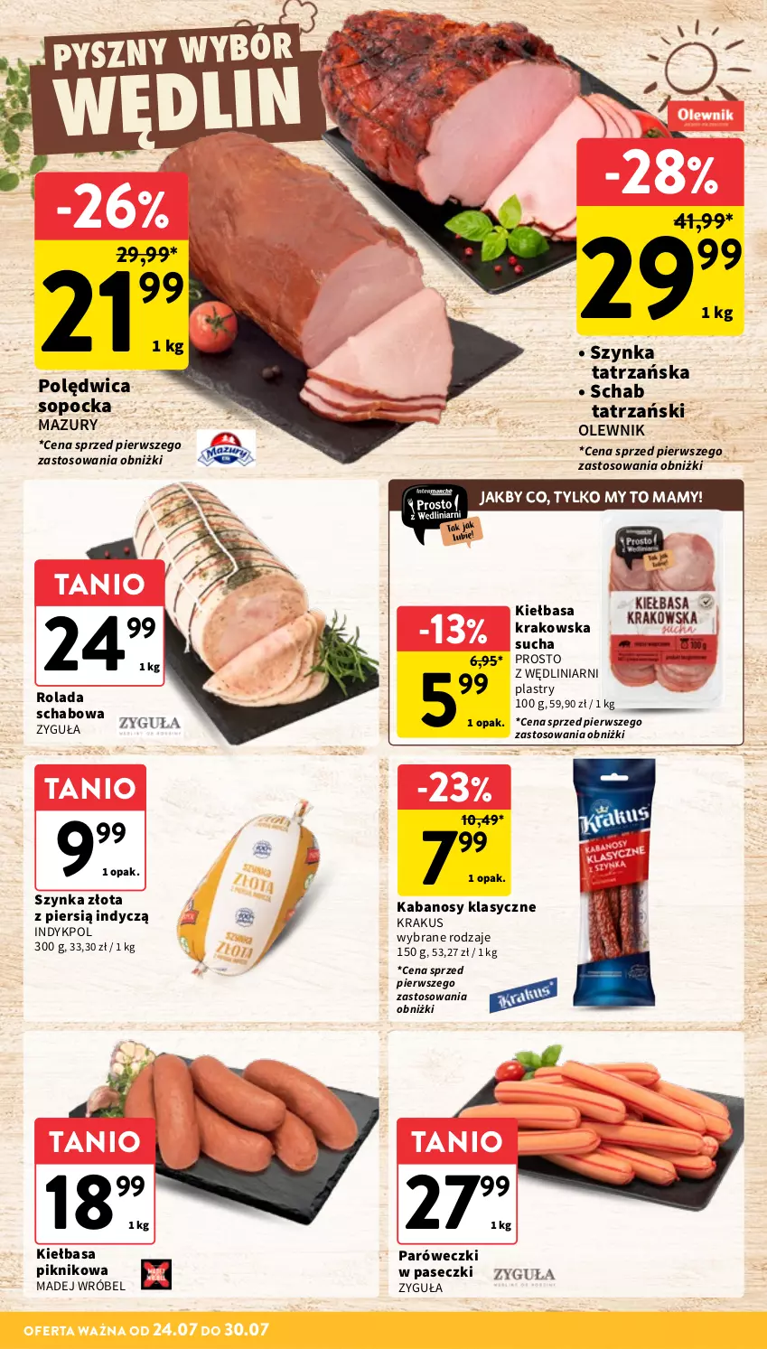 Gazetka promocyjna Intermarche - Gazetka promocyjna - ważna 24.07 do 30.07.2025 - strona 14 - produkty: Kabanos, Kiełbasa, Kiełbasa krakowska, Krakus, Madej Wróbel, Olewnik, Polędwica, Rolada, Szynka