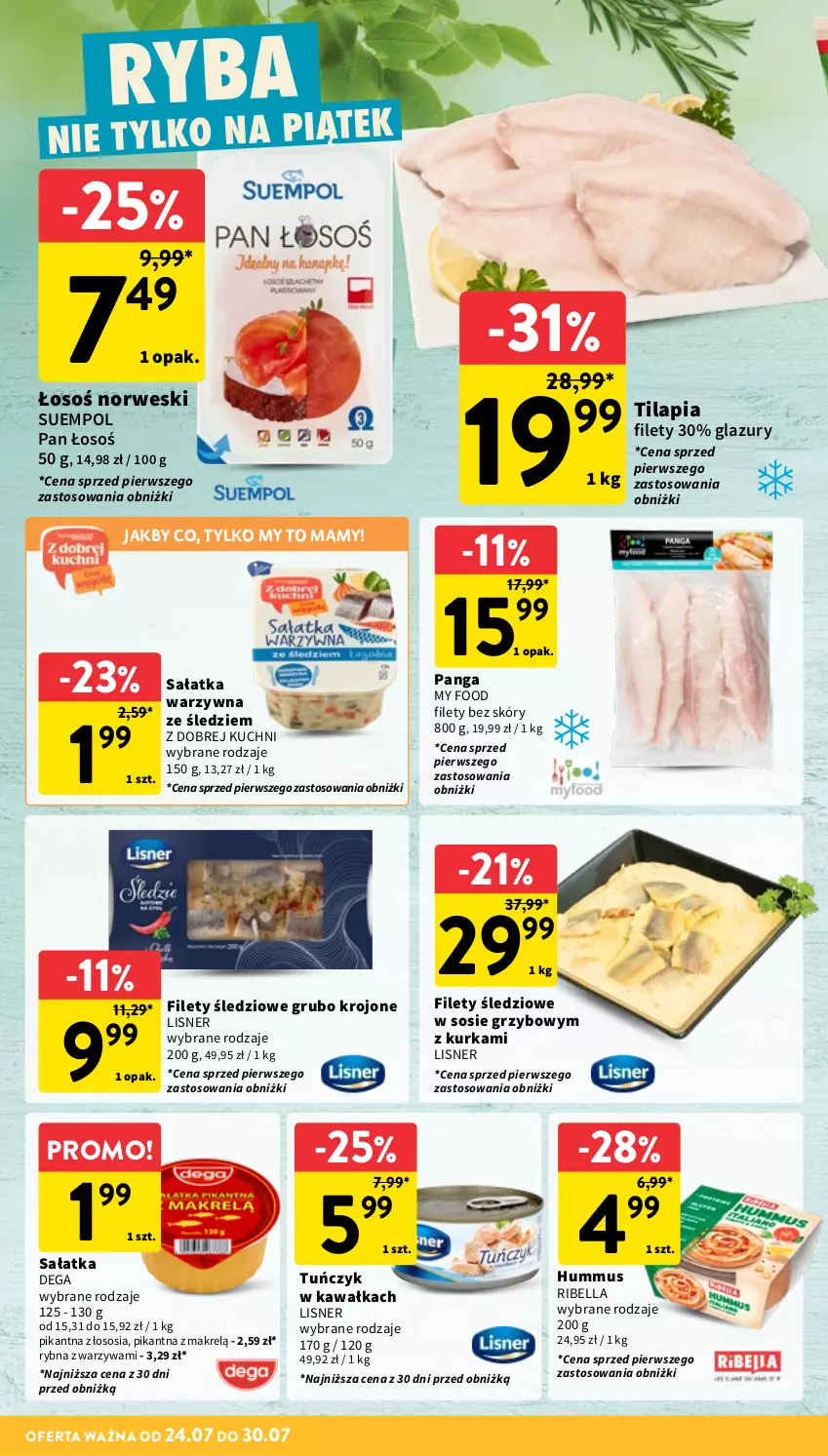 Gazetka promocyjna Intermarche - Gazetka promocyjna - ważna 24.07 do 30.07.2025 - strona 16 - produkty: Bell, Bella, Dega, Hummus, Kawa, Lazur, Lisner, Makrelą, Mus, Panga, Sałat, Sałatka, Sałatka warzywna, Sos, Suempol, Tilapia, Tuńczyk, Warzywa