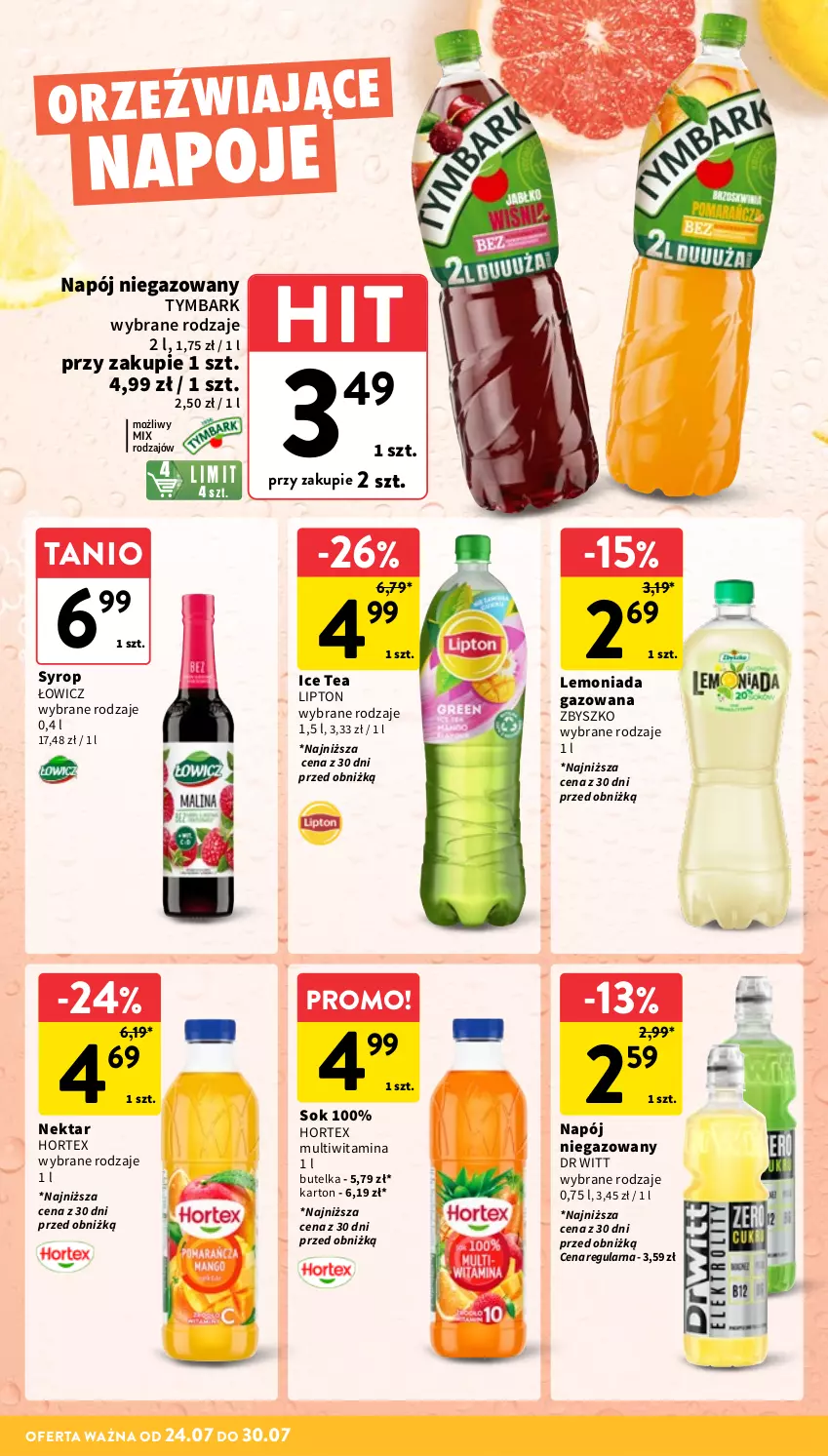 Gazetka promocyjna Intermarche - Gazetka promocyjna - ważna 24.07 do 30.07.2025 - strona 24 - produkty: Hortex, Ice tea, Lemoniada, Lipton, Napój, Napój niegazowany, Napoje, Nektar, Sok, Syrop, Tymbark