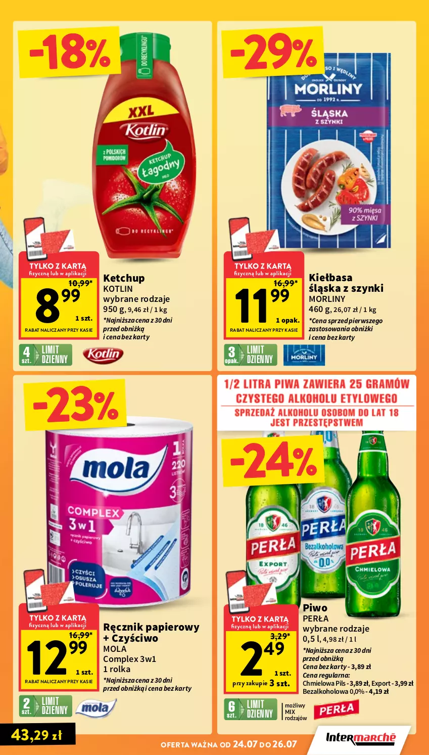 Gazetka promocyjna Intermarche - Gazetka promocyjna - ważna 24.07 do 30.07.2025 - strona 3 - produkty: Ketchup, Kiełbasa, Kiełbasa śląska, Kotlin, Mola, Morliny, Papier, Perła, Piwo, Por, Ręcznik