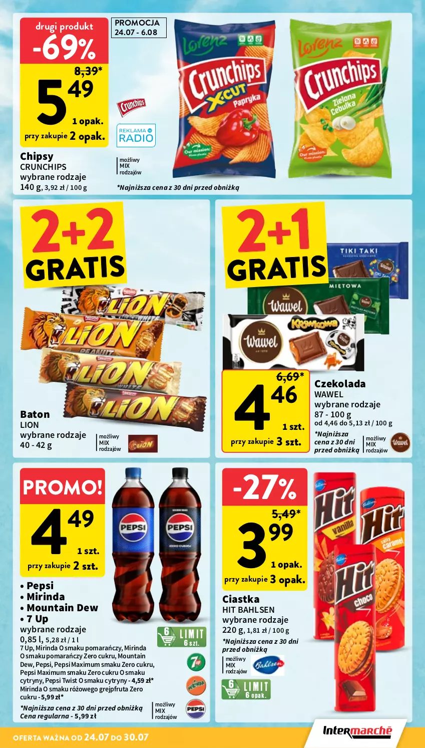 Gazetka promocyjna Intermarche - Gazetka promocyjna - ważna 24.07 do 30.07.2025 - strona 5 - produkty: Baton, Chipsy, Ciastka, Crunchips, Cytryny, Czekolada, Gra, Grejpfrut, Lion, Mirinda, Pepsi, Pepsi max, Wawel