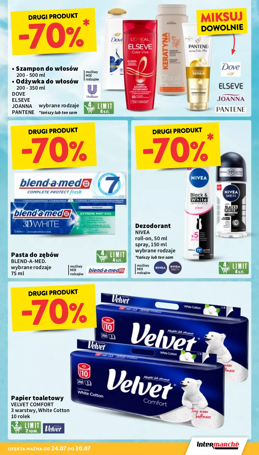 Gazetka promocyjna Intermarche - Gazetka promocyjna - ważna 24.07 do 30.07.2025 - strona 7 - produkty: Blend-a-Med, Dezodorant, Dove, Elseve, Joanna, Nivea, Odżywka, Pantene, Papier, Papier toaletowy, Pasta do zębów, Szampon, Velvet