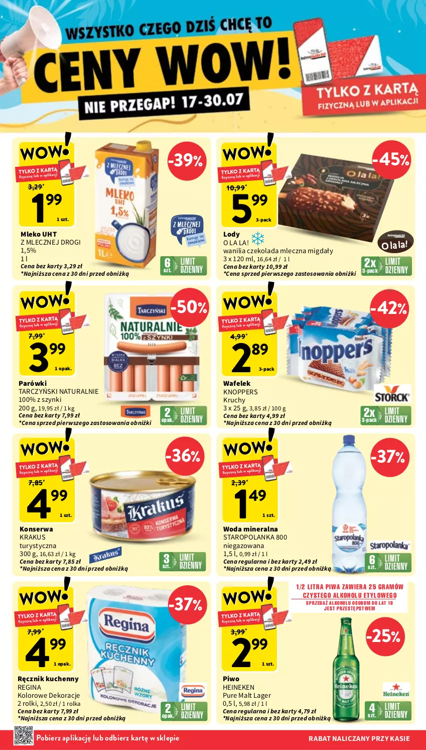 Gazetka promocyjna Intermarche - Gazetka promocyjna - ważna 24.07 do 30.07.2025 - strona 8 - produkty: Czekolada, Czekolada mleczna, Gin, Gra, Heineken, Knoppers, Krakus, Lody, Migdały, Mleko, Parówki, Piwa, Piwo, Pur, Ręcznik, Ręcznik kuchenny, Rolki, Ser, Staropolanka, Tarczyński, Wafelek, Woda, Woda mineralna