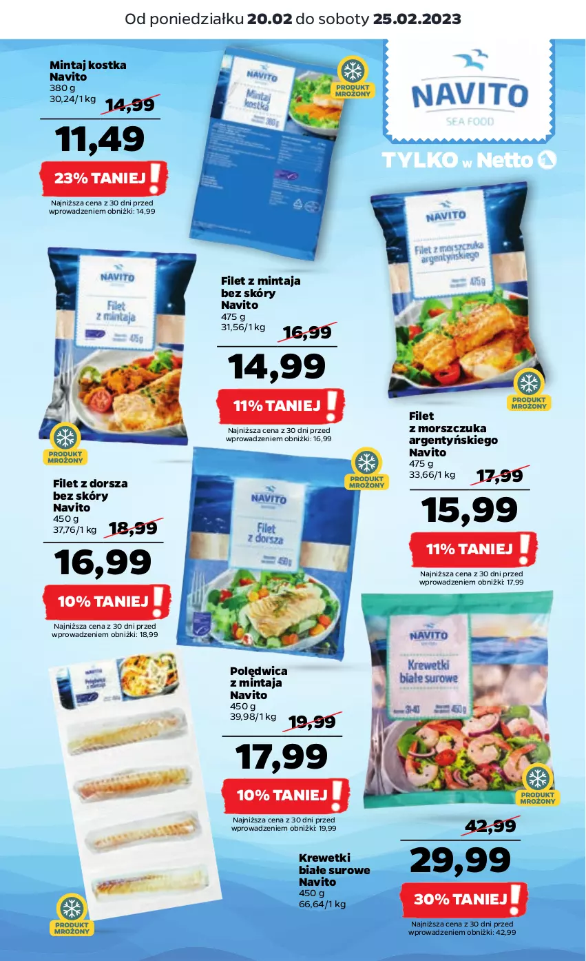 Gazetka promocyjna Netto - Artykuły spożywcze - ważna 20.02 do 25.02.2023 - strona 11 - produkty: Dorsz, Filet z mintaja, Filet z morszczuka, Krewetki, Mintaj, Polędwica