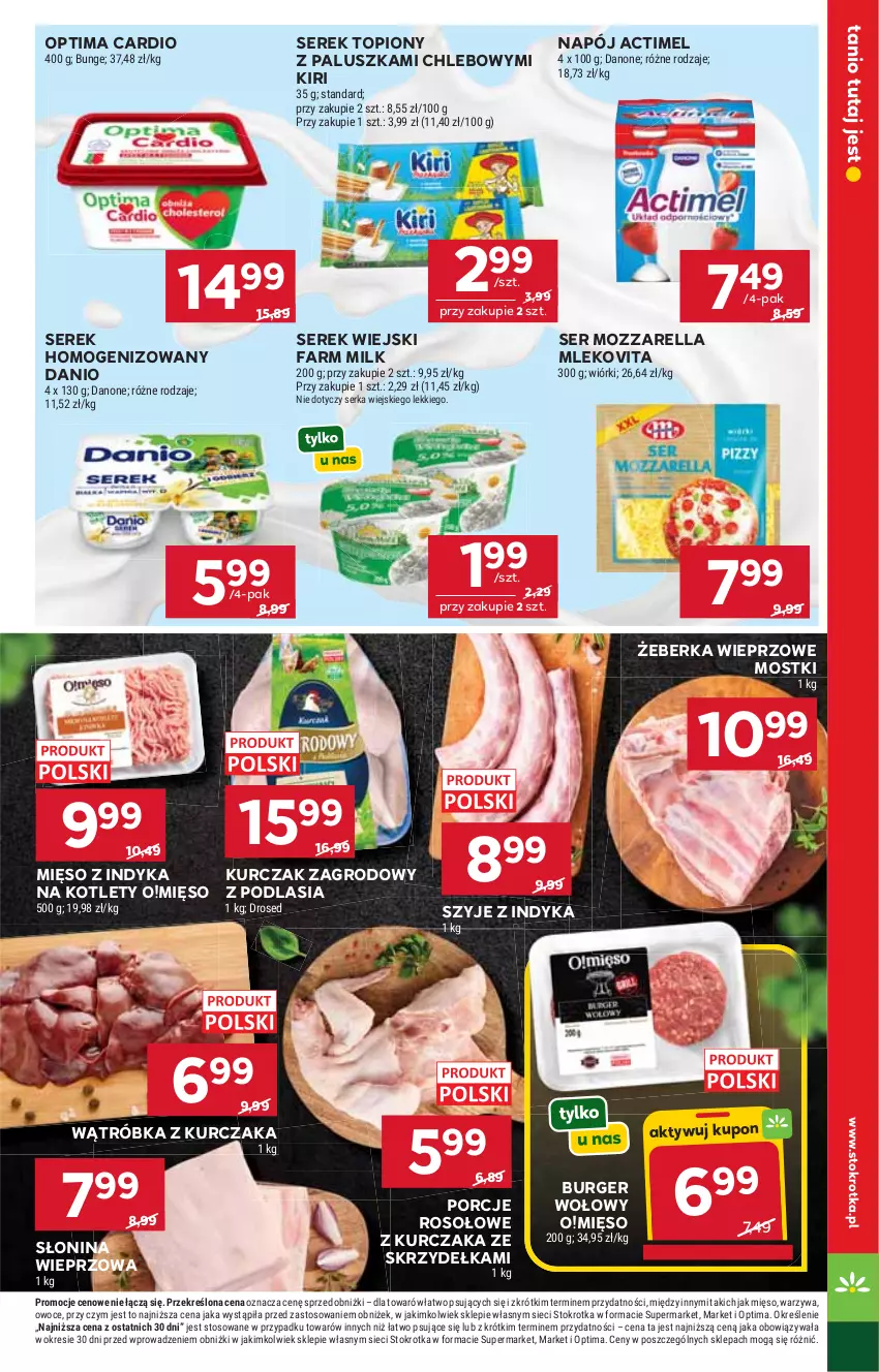 Gazetka promocyjna Stokrotka - Market - ważna 20.08 do 26.08.2026 - strona 13 - produkty: Actimel, Burger, Chleb, Danio, Danone, Fa, Farm Milk, Kotlet, Kurczak, Mięso, Mięso z indyka, Mleko, Mlekovita, Mozzarella, Napój, Optima, Optima Cardio, Owoce, Por, Ser, Serek, Serek homogenizowany, Serek wiejski, Top, Warzywa