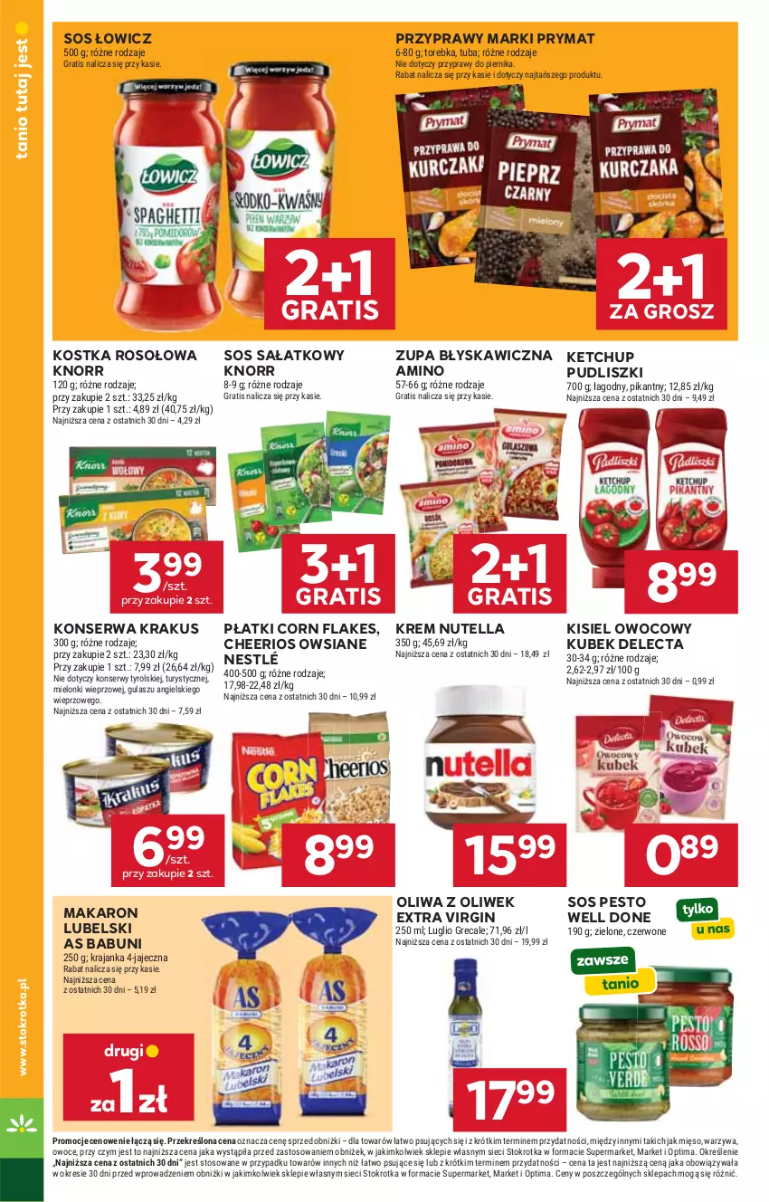 Gazetka promocyjna Stokrotka - Market - ważna 20.08 do 26.08.2026 - strona 18 - produkty: Babuni, Cheerios, Corn flakes, Delecta, Gin, Gra, Ketchup, Kisiel, Knorr, Krakus, Kubek, Makaron, Mięso, Nestlé, Nutella, Oliwa, Oliwa z oliwek, Optima, Owoce, Pesto, Piernik, Prymat, Przyprawy, Pudliszki, Sałat, Ser, Sos, Torebka, Warzywa, Zupa
