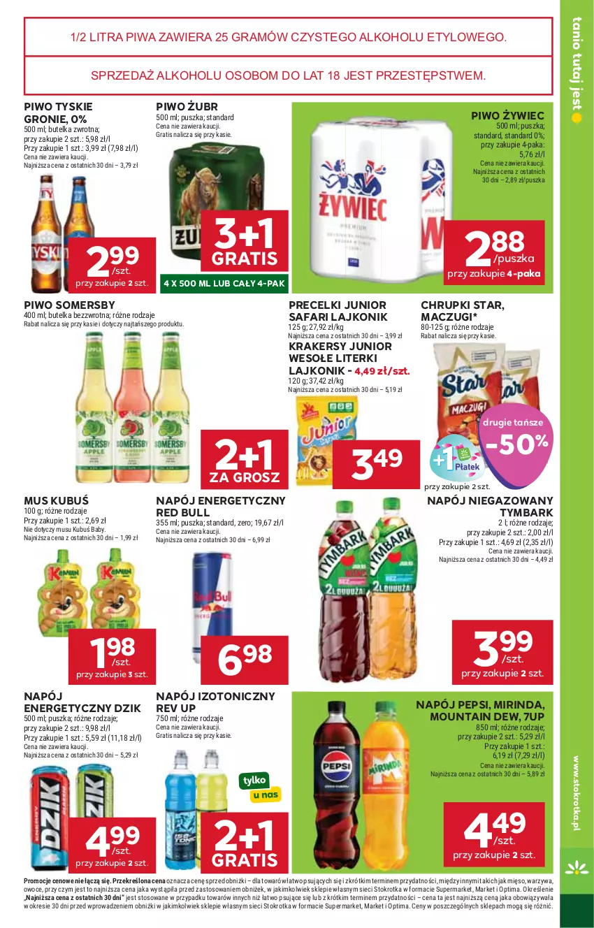Gazetka promocyjna Stokrotka - Market - ważna 20.08 do 26.08.2026 - strona 21 - produkty: 7up, Chrupki, Fa, Gra, Krakersy, Kubuś, Lajkonik, Mięso, Mirinda, Mus, Napój, Napój energetyczny, Napój izotoniczny, Napój niegazowany, Optima, Owoce, Pepsi, Piwa, Piwo, Precelki, Red Bull, Somersby, Tymbark, Tyskie, Warzywa