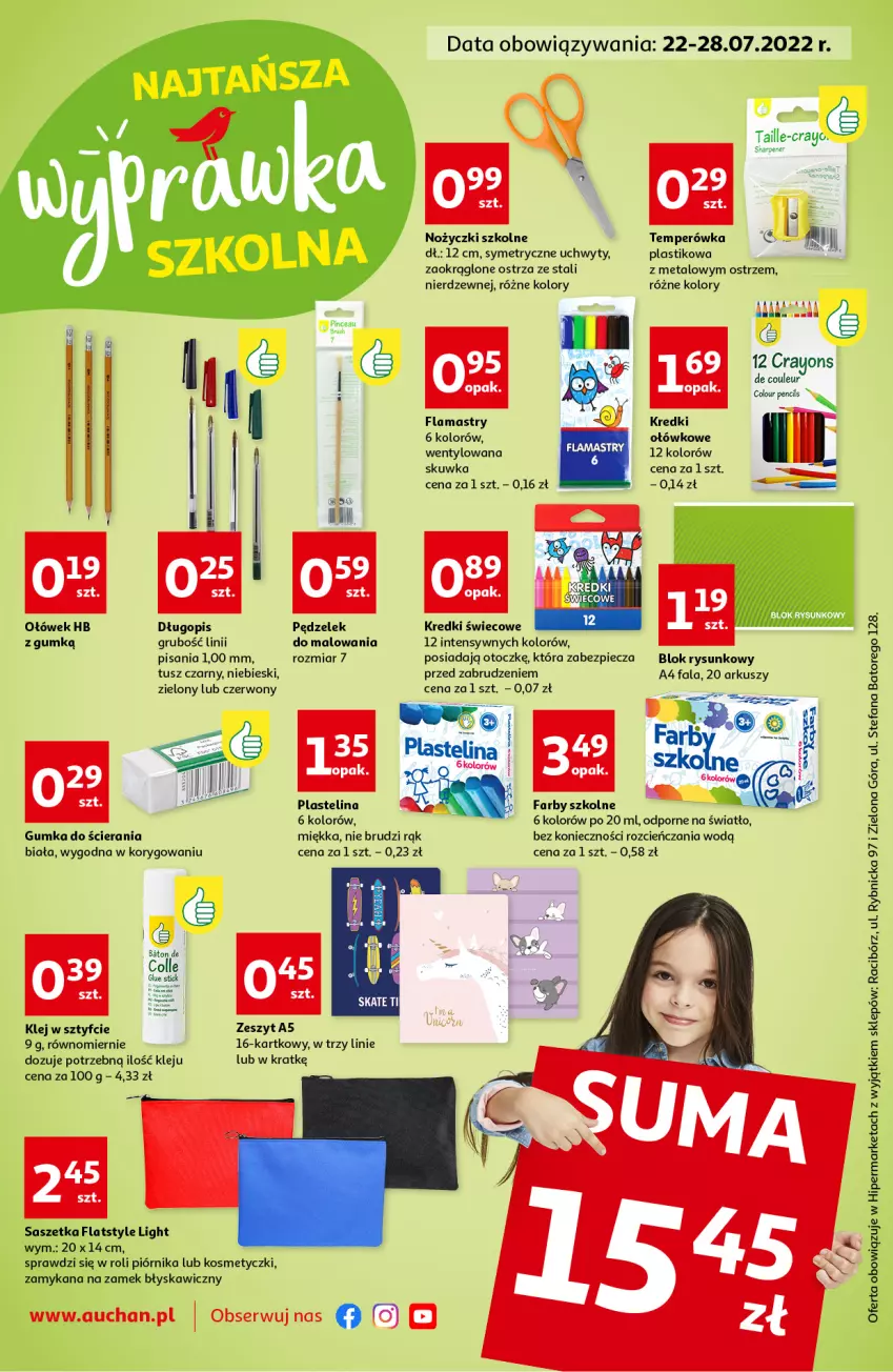 Gazetka promocyjna Auchan - Najtańsza wyprawka szkolna - ważna 22.07 do 28.07.2022 - strona 1 - produkty: Baton, Cień, Długopis, Fa, Flamastry, Klej, Noż, Nożyczki, Piec, Piórnik, Plastelina, Por, Ser, Sharp, Tusz, Uchwyty