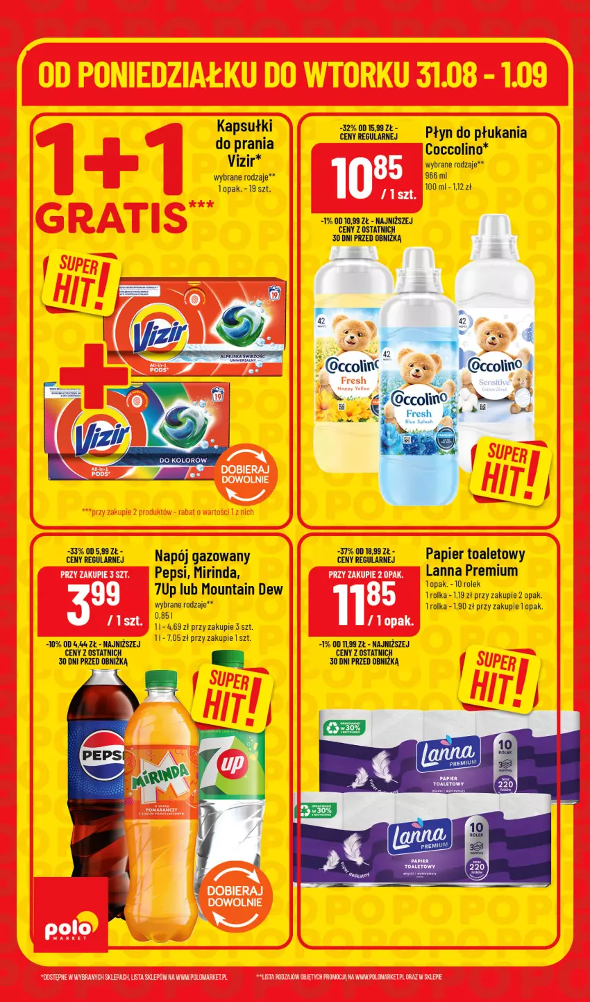 Gazetka promocyjna PoloMarket - Ulotka Superhity pon-wt - ważna 31.08 do 01.09.2026 - strona 6 - produkty: Coccolino, Mirinda, Napój, Napój gazowany, Papier, Papier toaletowy, Pepsi, Płyn do płukania