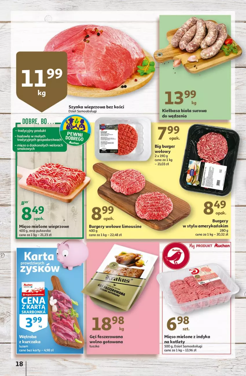 Gazetka promocyjna Auchan - Przygotuj się do Świąt Hipermarkety - ważna 18.03 do 24.03.2021 - strona 18 - produkty: Burger, Fa, Kiełbasa, Kiełbasa biała, Kotlet, Mięso, Mięso mielone, Szynka, Szynka wieprzowa, Tusz