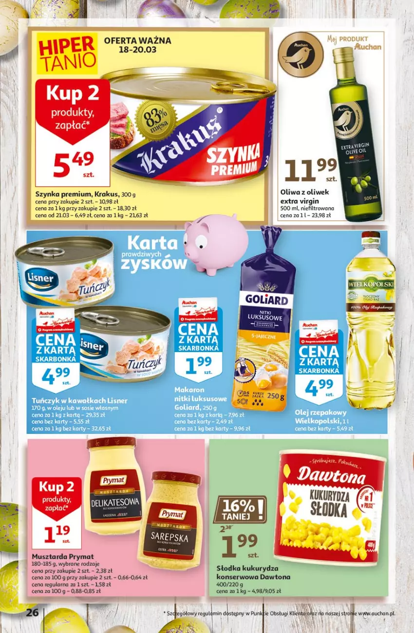 Gazetka promocyjna Auchan - Przygotuj się do Świąt Hipermarkety - ważna 18.03 do 24.03.2021 - strona 26 - produkty: Dawtona, Gin, Krakus, Kukurydza, Kukurydza konserwowa, Mus, Musztarda, Oliwa z oliwek, Prymat, Ser, Szynka, Szynka premium