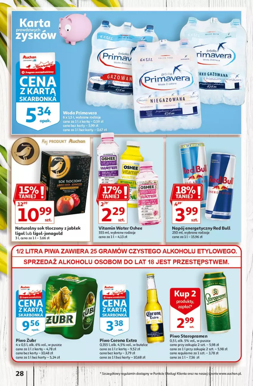 Gazetka promocyjna Auchan - Przygotuj się do Świąt Hipermarkety - ważna 18.03 do 24.03.2021 - strona 28 - produkty: Corona Extra, Fa, Gra, Jonagold, Ligol, Napój, Napój energetyczny, Oshee, Piwa, Piwo, Red Bull, Sok