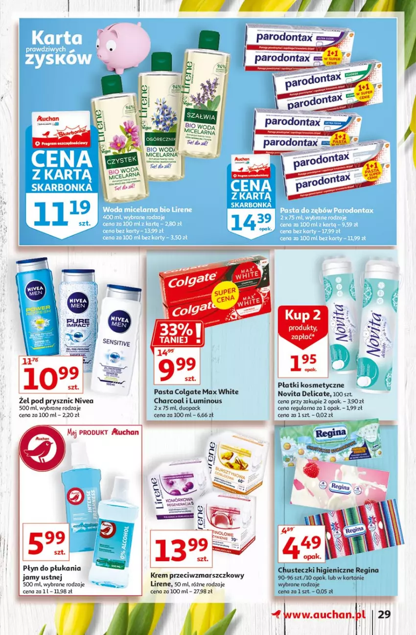 Gazetka promocyjna Auchan - Przygotuj się do Świąt Hipermarkety - ważna 18.03 do 24.03.2021 - strona 29 - produkty: Chusteczki, Colgate, Gin, Krem przeciwzmarszczkowy, LG, Lirene, Mars, Nivea, Parodontax, Płatki kosmetyczne, Płyn do płukania, Płyn do płukania jamy ustnej