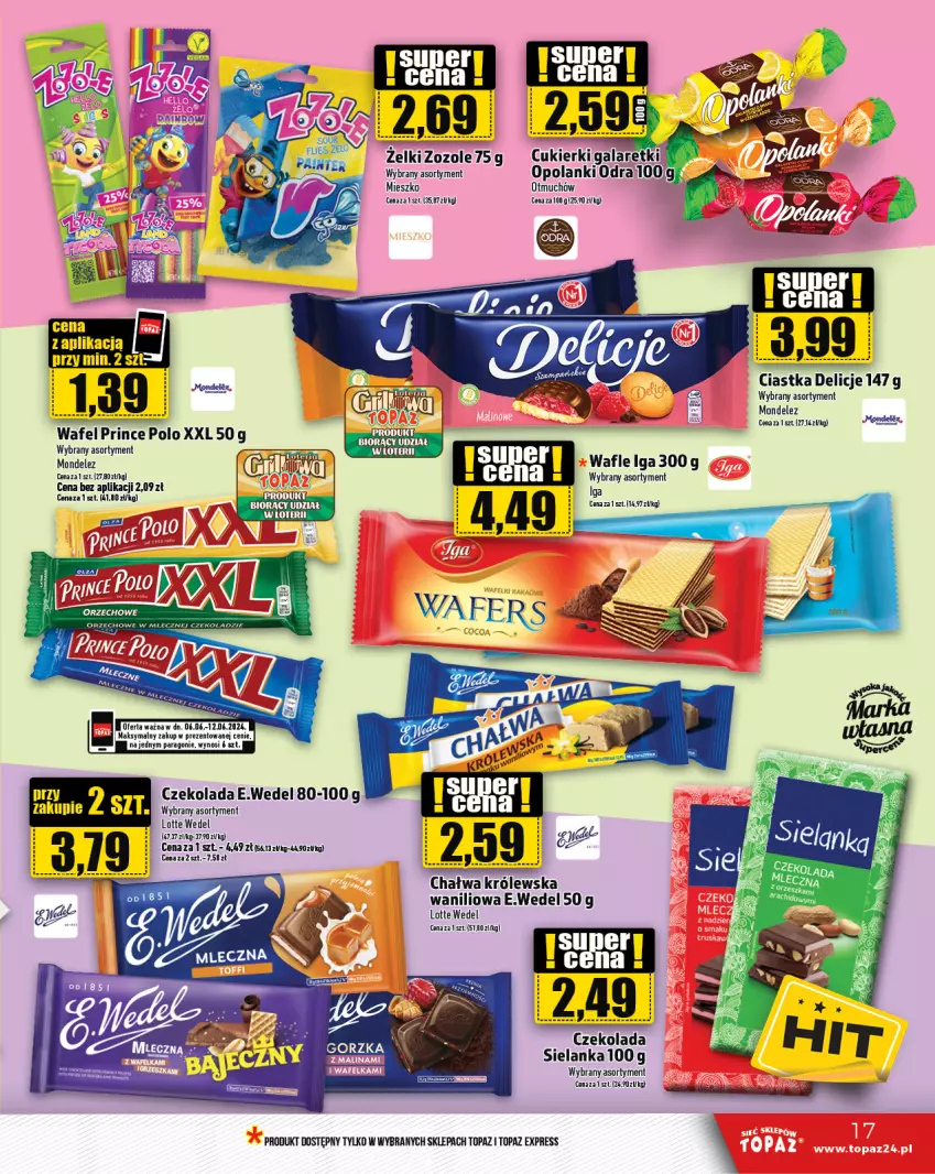 Gazetka promocyjna Topaz - Gazetka - ważna 06.06 do 12.06.2024 - strona 17 - produkty: Chałwa, Ciastka, Cukier, Cukierki, Czekolada, Delicje, Fa, Gala, Galaretki, Lanki, LG, Prince Polo, Top, Wafle