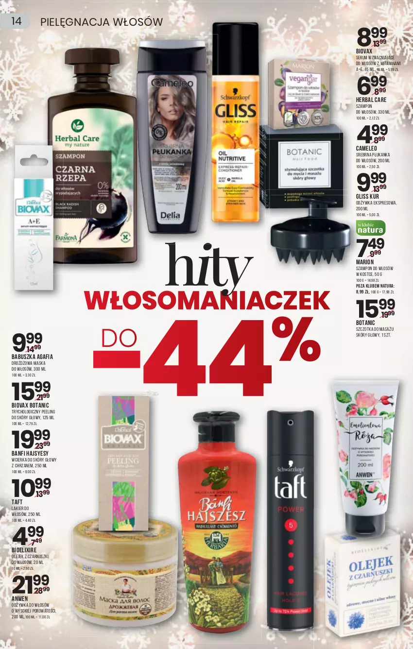 Gazetka promocyjna Drogerie Natura - Gazetka Drogerie Natura - ważna 02.12 do 15.12.2021 - strona 14 - produkty: Biovax, Chrzan, Eleo, Gliss Kur, Lakier, Lakier do włosów, Maska, Maska do włosów, Odżywka, Olej, Peeling, Por, Rum, Ser, Serum, Sok, Szampon, Szczotka, Taft