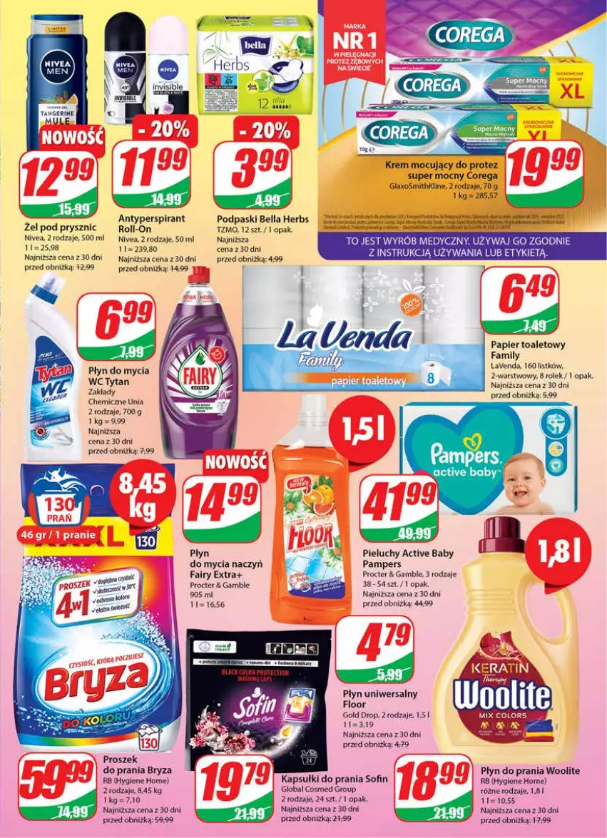 Gazetka promocyjna Dino - G28 - ważna 12.07 do 18.07.2023 - strona 23 - produkty: Antyperspirant, Bell, Bella, Bryza, Corega, Do mycia naczyń, Fa, Fairy, Kapsułki do prania, Nivea, Pampers, Papier, Papier toaletowy, Pieluchy, Płyn do mycia, Płyn do prania, Podpaski, Proszek do prania, Tytan, Woolite