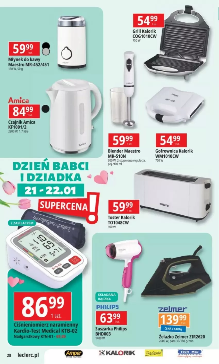 Gazetka promocyjna E Leclerc - ważna 14.01 do 26.01.2025 - strona 21 - produkty: Amica, Blender, Czajnik, Gofrownica, Grill, Młynek, Młynek do kawy, Philips, Suszarka, Top, Toster, Zelmer