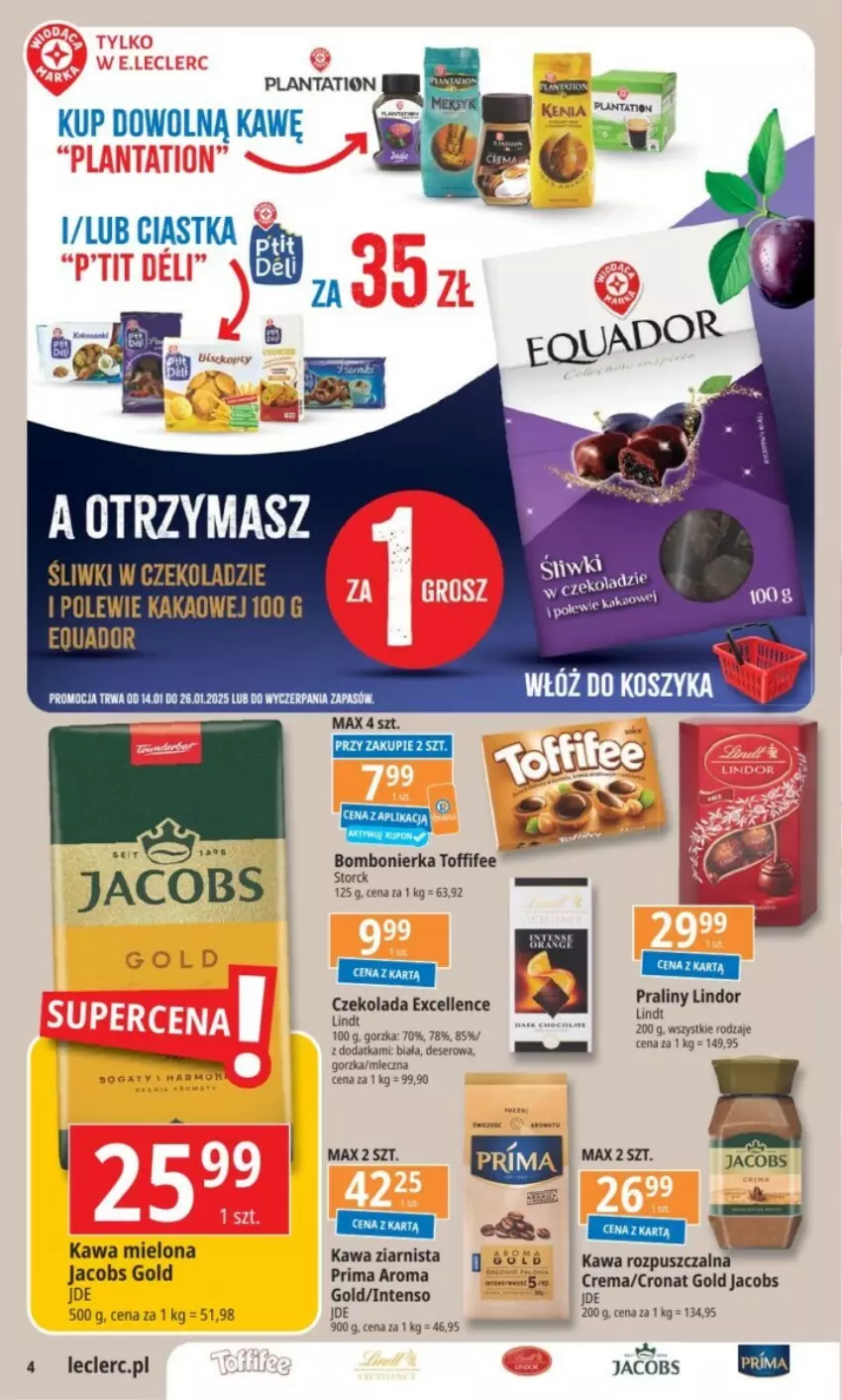 Gazetka promocyjna E Leclerc - ważna 14.01 do 26.01.2025 - strona 27 - produkty: Czekolada, Deser, Jacobs, Kakao, Kawa, Kawa mielona, Kawa rozpuszczalna, Kawa ziarnista, Lindor, Lindt, Miecz, Plantation, Prima, Ser, Toffifee