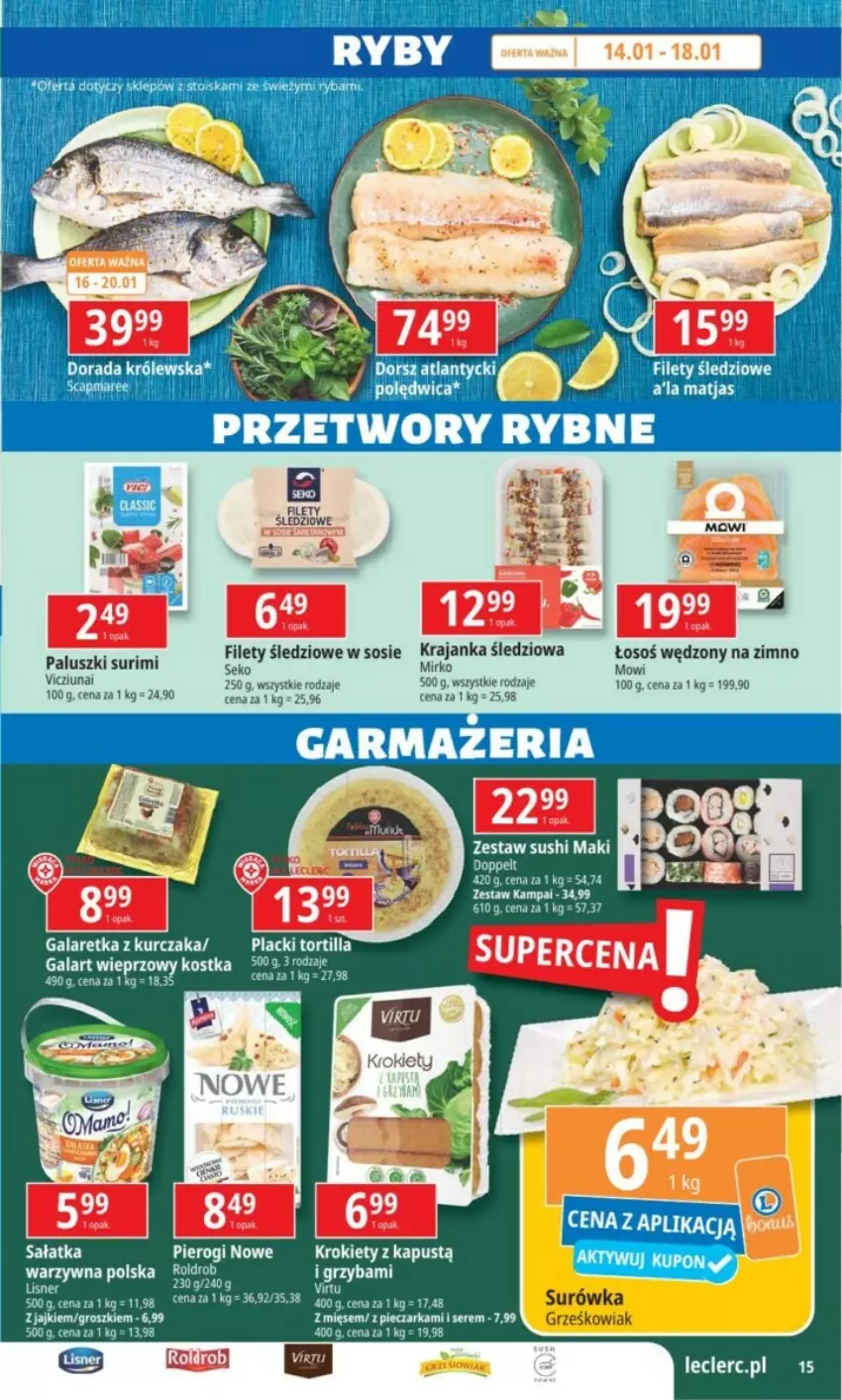 Gazetka promocyjna E Leclerc - ważna 14.01 do 26.01.2025 - strona 7 - produkty: Gala, Galaretka, Kapustą, Krajanka śledziowa, Krokiety, Kurczak, Piec, Pieczarka, Pierogi, Sałat, Sałatka, Sałatka warzywna, SEKO, Ser, Sos, Surimi, Sushi, Virtu