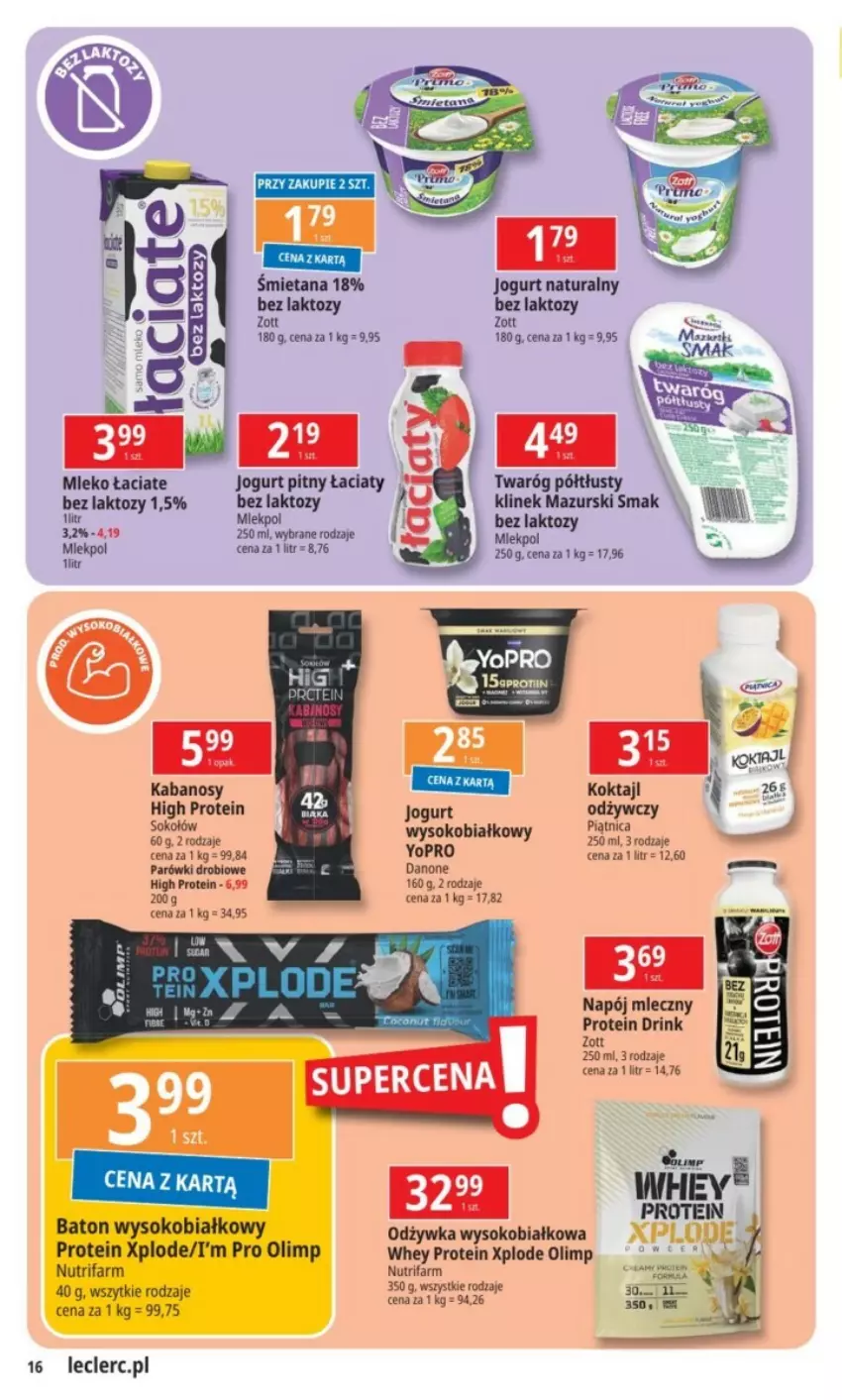 Gazetka promocyjna E Leclerc - ważna 14.01 do 26.01.2025 - strona 8 - produkty: Baton, Danone, Fa, Jogurt, Jogurt naturalny, Jogurt pitny, Napój, Napój mleczny, Odżywka, Parówki, Piątnica, Sok, Sokołów, Twaróg, Twaróg półtłusty, Zott