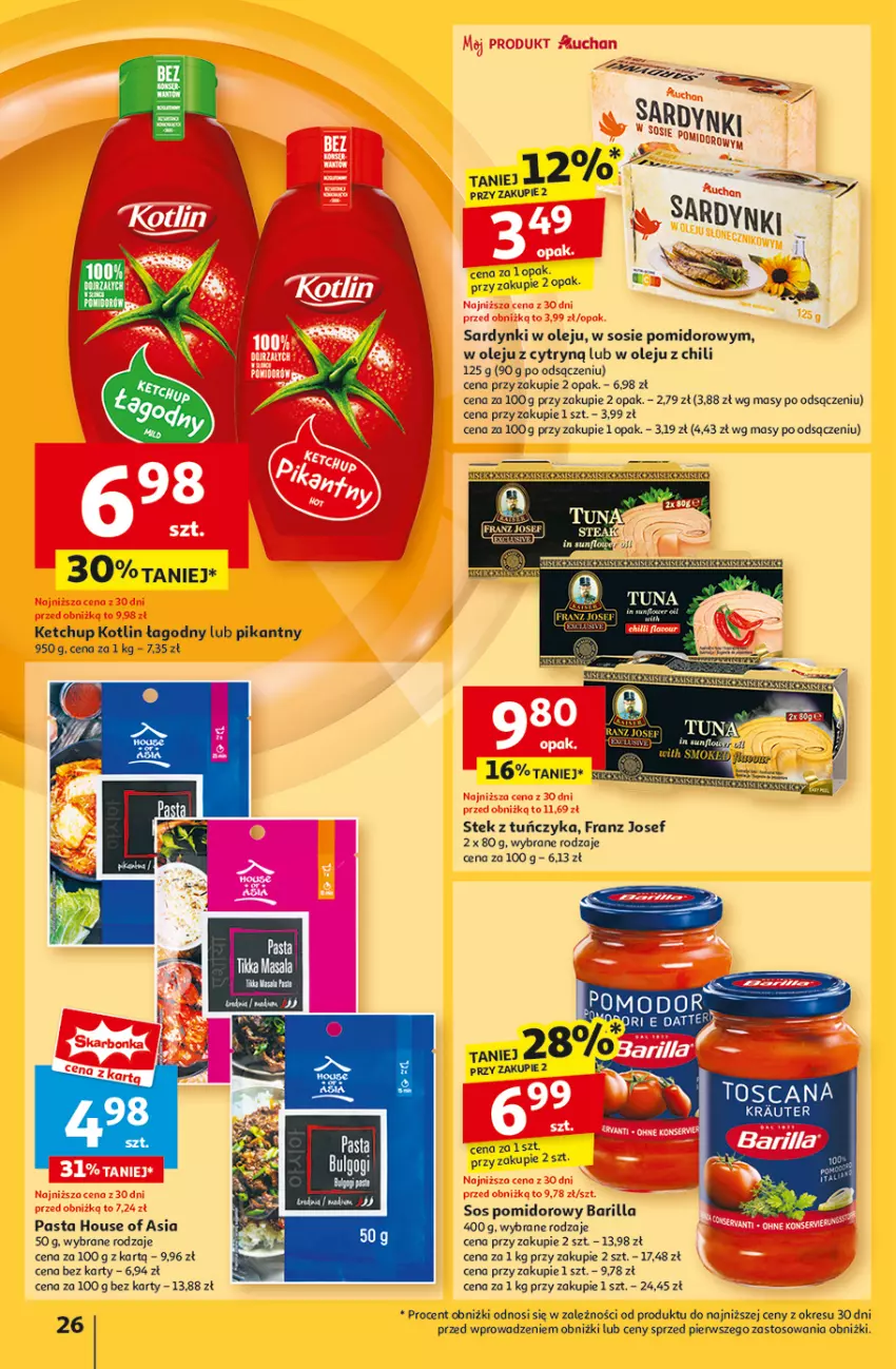 Gazetka promocyjna Auchan - Pewność Niskich Cen Hipermarket - ważna 05.09 do 11.09.2024 - strona 28 - produkty: Barilla, House of Asia, Ketchup, Kotlin, Olej, Sardynki, Sos, Sos pomidorowy, Stek, Tuńczyk