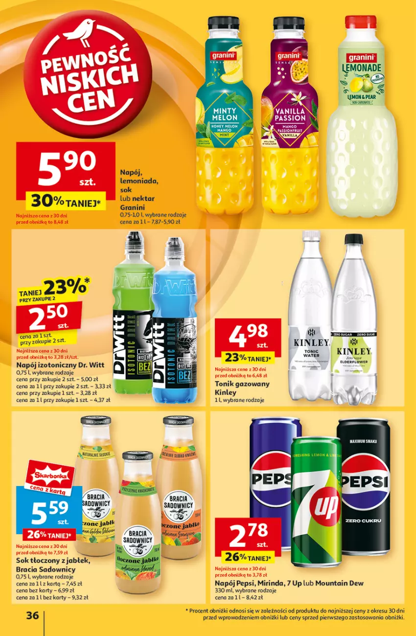 Gazetka promocyjna Auchan - Pewność Niskich Cen Hipermarket - ważna 05.09 do 11.09.2024 - strona 38 - produkty: Lemoniada, Mirinda, Napój, Napój izotoniczny, Nektar, Pepsi, Sok, Tonik