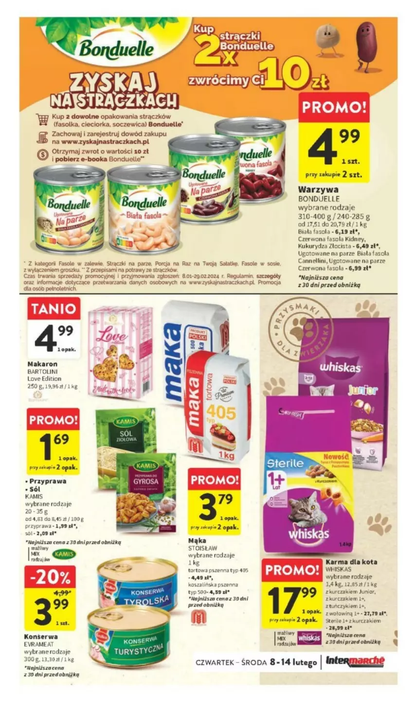 Gazetka promocyjna Intermarche - ważna 08.02 do 14.02.2024 - strona 20 - produkty: Bonduelle, Cieciorka, Fa, Fasola, Kamis, Kosz, Kukurydza, Kurczak, Mąka, Makaron, Orka, Por, Sałat, Ser, Sól, Sos, Szal, Tuńczyk, Warzywa, Whiskas