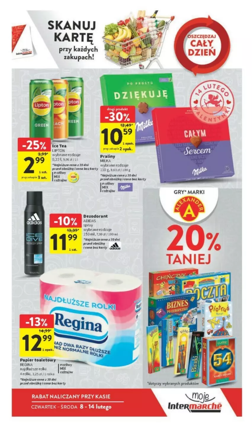 Gazetka promocyjna Intermarche - ważna 08.02 do 14.02.2024 - strona 3 - produkty: Adidas, Dezodorant, Gin, Gry, Lipton, Milka, Papier, Papier toaletowy, Praliny, Rolki