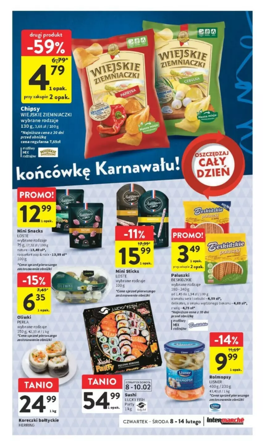 Gazetka promocyjna Intermarche - ważna 08.02 do 14.02.2024 - strona 5 - produkty: Beskidzki, Chipsy, Lisner, Mop, Oliwki, Sushi