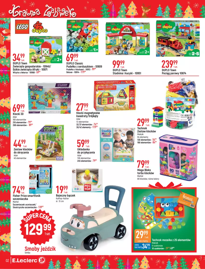 Gazetka promocyjna E Leclerc - ważna 08.11 do 03.12.2022 - strona 2 - produkty: Klocki, Mattel, Mega Bloks, Pociąg, Pudełko, Ser, Smartfon, Szczeniaczek uczniaczek, Torba, Układanka, Zwierzęta