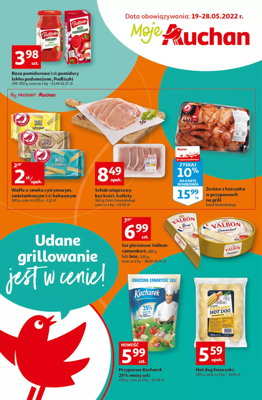Gazetka promocyjna Auchan - Udane grillowanie jest w cenie Moje Auchan - ważna 19.05 do 28.05.2022 - strona 1 - produkty: Brie, Camembert, Fa, Grill, Hot dog, Kakao, Kotlet, Kurczak, Pomidory, Pudliszki, Schab wieprzowy, Ser, Wafle