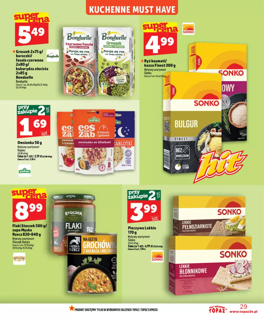 Gazetka promocyjna Topaz - Gazetka - ważna 01.07 do 16.07.2026 - strona 29 - produkty: Bonduelle, Buraczki, Fa, Fasola, Flaki, Groszek, Kasza, Kukurydza, Kupiec, Mus, Owsianka, Piec, Por, Ryż, Ryż basmati, Sałat, Sonko, Top, Zupa