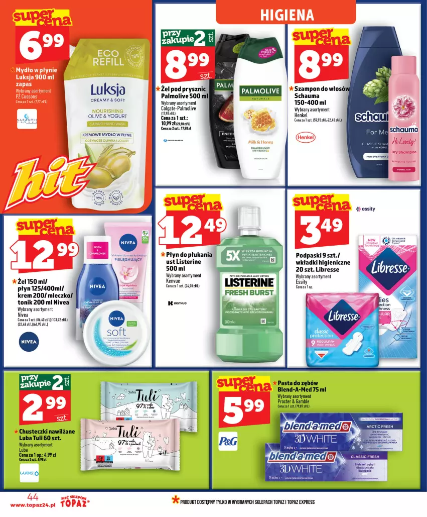 Gazetka promocyjna Topaz - Gazetka - ważna 01.07 do 16.07.2026 - strona 44 - produkty: Blend-a-Med, Chusteczki, Colgate, Koc, LG, Listerine, Mleczko, Mydło, Mydło w płynie, Nivea, Palmolive, Pasta do zębów, Płyn do płukania, Płyn do płukania jamy ustnej, Podpaski, Schauma, Szampon, Tonik, Top, Wkładki