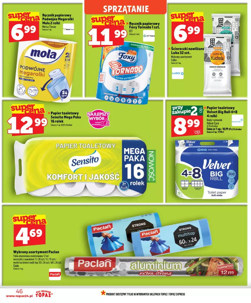 Gazetka promocyjna Topaz - Gazetka - ważna 01.07 do 16.07.2026 - strona 46 - produkty: Folia aluminiowa, Foxy, Mola, Papier, Papier toaletowy, Ręcznik, Rolki, Rum, Sito, Sprzątanie, Top, Velvet, Worki na śmiec, Worki na śmieci