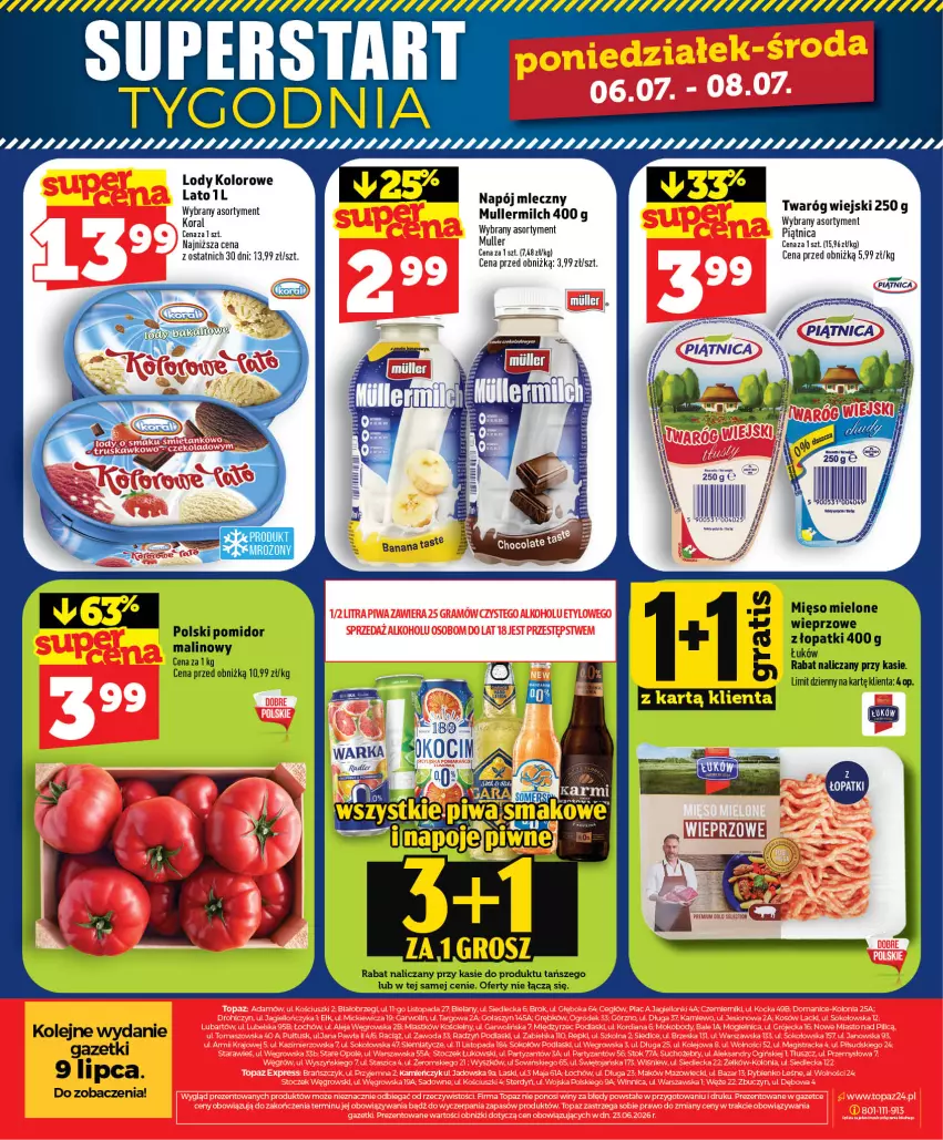 Gazetka promocyjna Topaz - Gazetka - ważna 01.07 do 16.07.2026 - strona 50 - produkty: Lody, Mięso, Mięso mielone, Napój, Olej, Piątnica, Radler, Twaróg, Warka