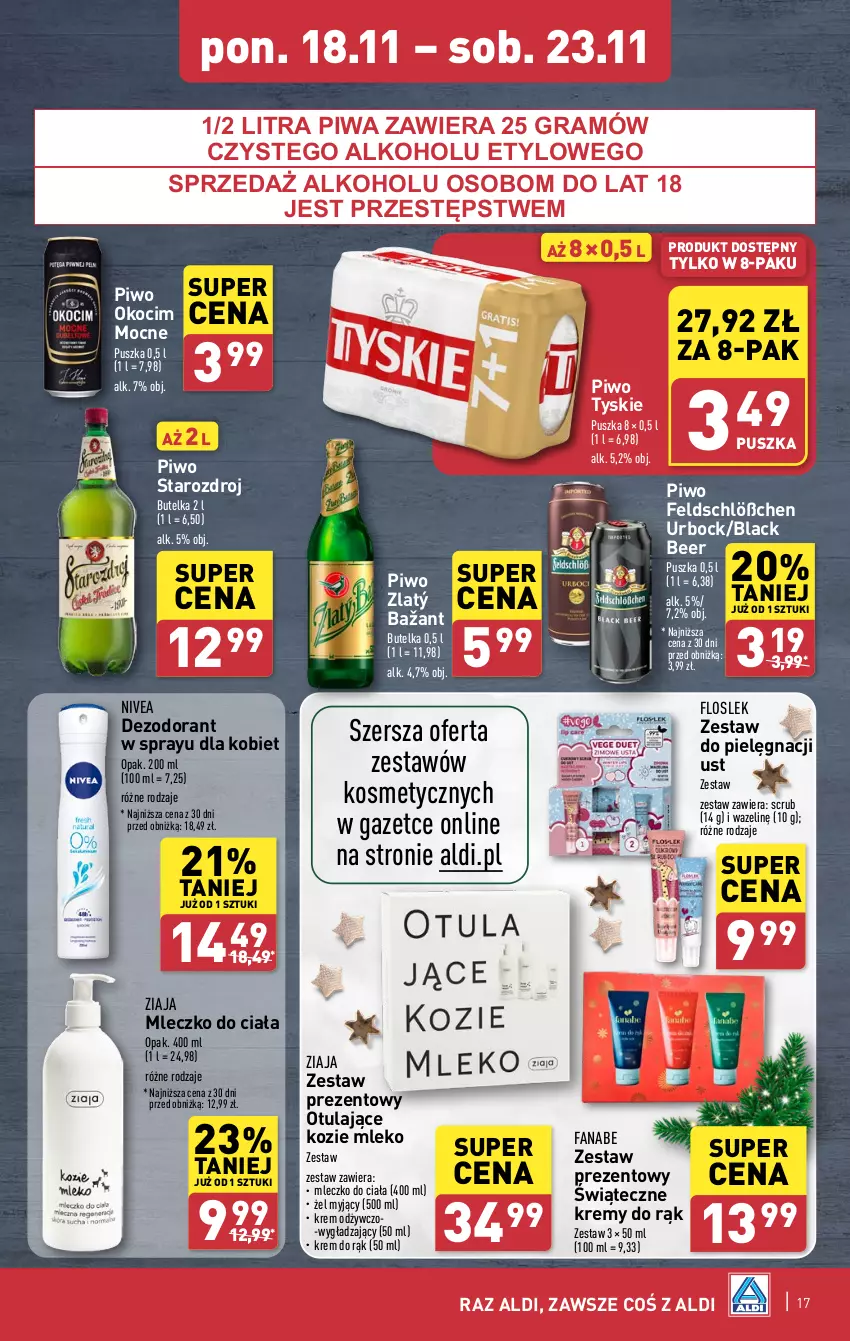 Gazetka promocyjna Aldi - Pełna oferta - ważna 18.11 do 23.11.2024 - strona 17 - produkty: Dezodorant, Fa, Gra, Koc, Krem do rąk, Lack, Mleczko, Mleczko do ciała, Mleko, Nivea, Okocim, Piwa, Piwo, Tyskie, Zestaw prezentowy, Ziaja