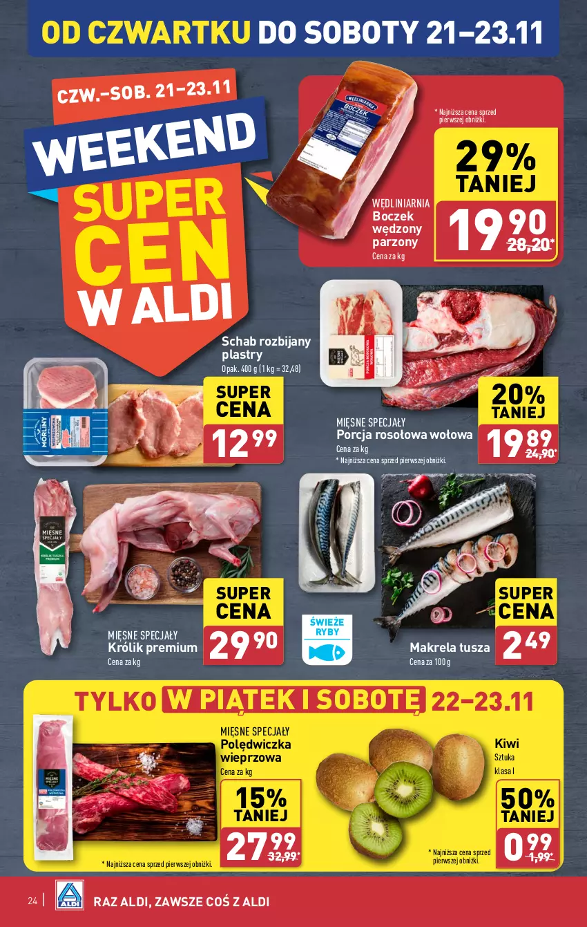 Gazetka promocyjna Aldi - Pełna oferta - ważna 18.11 do 23.11.2024 - strona 24 - produkty: Boczek, Kiwi, Królik, Mięsne specjały, Polędwiczka wieprzowa, Por, Tusz