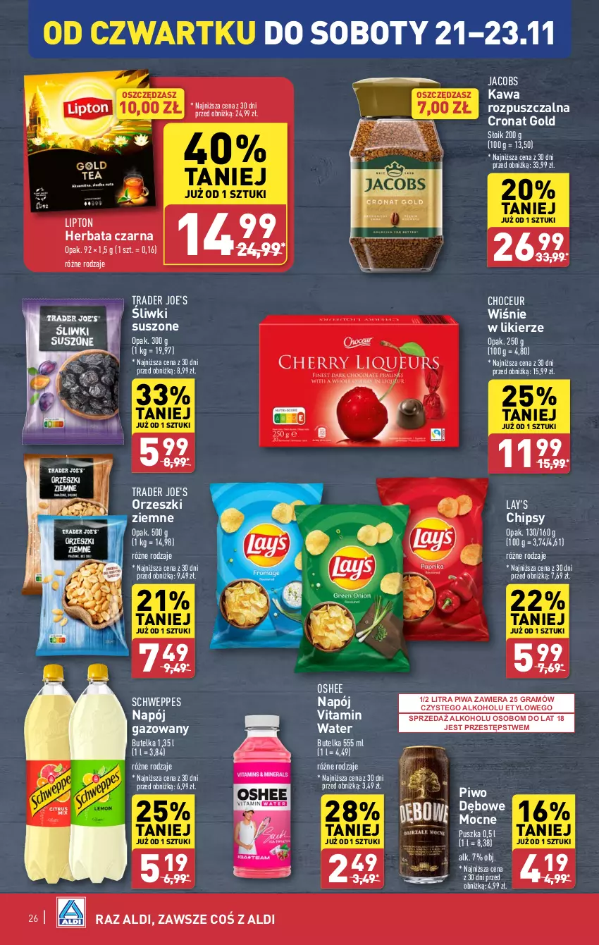 Gazetka promocyjna Aldi - Pełna oferta - ważna 18.11 do 23.11.2024 - strona 26 - produkty: Chipsy, Gra, Herbata, Herbata czarna, Jacobs, Kawa, Kawa rozpuszczalna, Likier, Lipton, Napój, Napój gazowany, Orzeszki, Orzeszki ziemne, Oshee, Piwa, Piwo, Schweppes