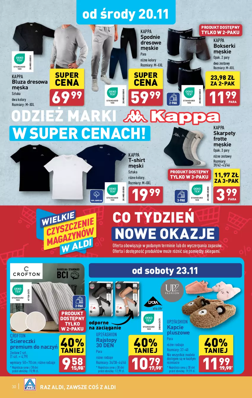 Gazetka promocyjna Aldi - Pełna oferta - ważna 18.11 do 23.11.2024 - strona 30 - produkty: Bluza, Bluza dresowa, Bokserki, Dres, Fa, Kapcie, Karp, Por, Rajstopy, Ser, Spodnie, Spodnie dresowe, T-shirt, Top, Wełna