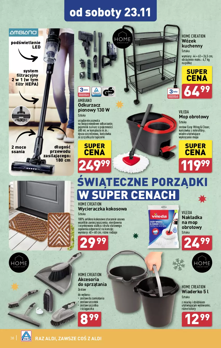 Gazetka promocyjna Aldi - Pełna oferta - ważna 18.11 do 23.11.2024 - strona 38 - produkty: Cynk, Kokos, Mop, Odkurzacz, Pojemnik, Por, Siatka, Szczotka, Vileda, Wiadro, Wózek, Wycieraczka