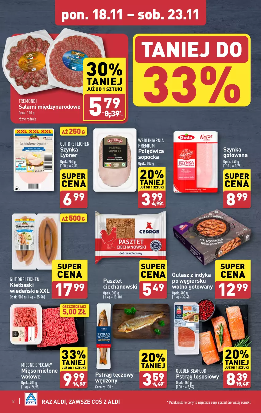 Gazetka promocyjna Aldi - Pełna oferta - ważna 18.11 do 23.11.2024 - strona 8 - produkty: Golden Seafood, Mięsne specjały, Mięso, Mięso mielone, Pasztet, Polędwica, Pstrąg, Pstrąg łososiowy, Pstrąg tęczowy, Salami, Sos, Szynka