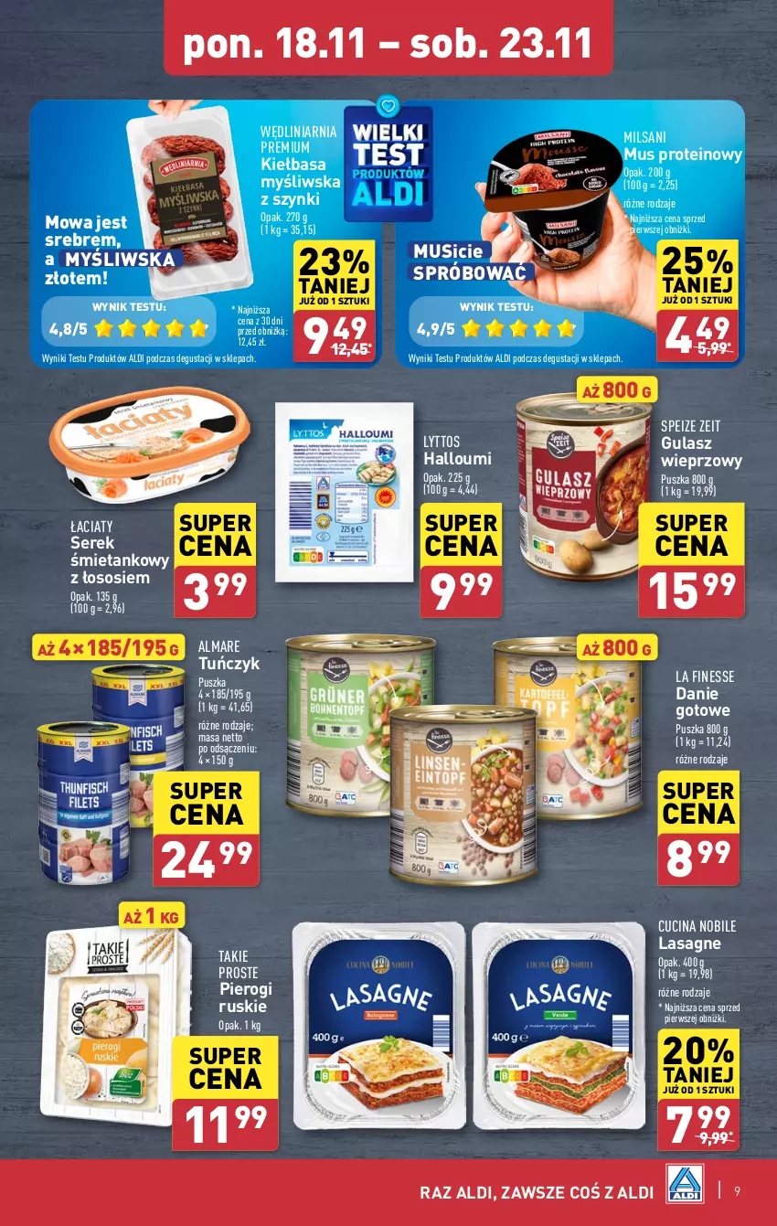 Gazetka promocyjna Aldi - Pełna oferta - ważna 18.11 do 23.11.2024 - strona 9 - produkty: Danie gotowe, Kiełbasa, Lasagne, Mus, Pierogi, Ser, Serek, Sos, Tuńczyk