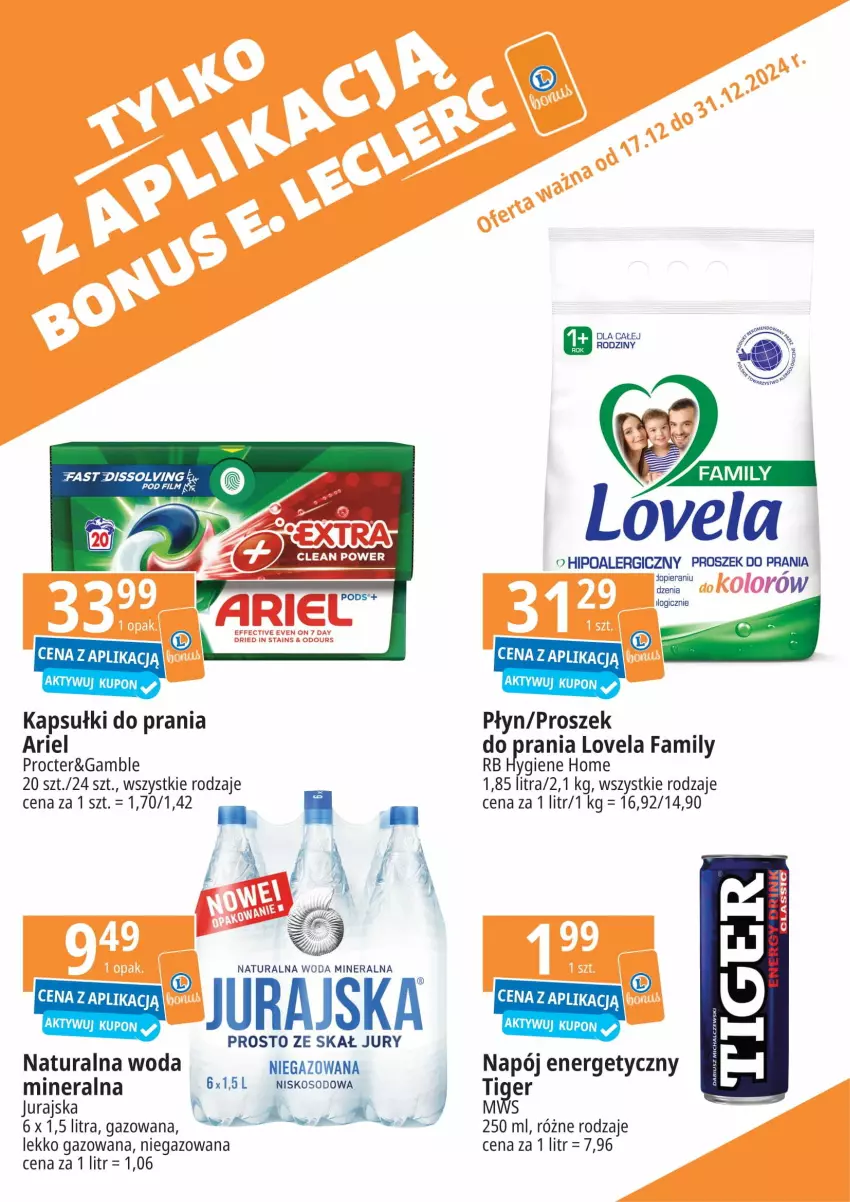 Gazetka promocyjna E Leclerc - z aplikacja - ważna 17.12 do 31.12.2024 - strona 5 - produkty: Ariel, Fa, Hipoalergiczny proszek, Kapsułki do prania, Lovela, Napój, Napój energetyczny, Proszek do prania, Tera, Woda, Woda mineralna, Woda niegazowana