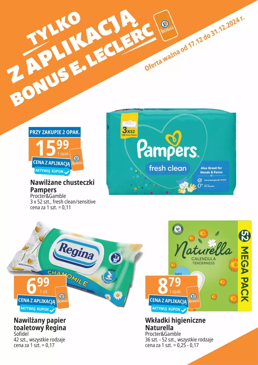 Gazetka promocyjna E Leclerc - z aplikacja - ważna 17.12 do 31.12.2024 - strona 6 - produkty: Chusteczki, Fa, Gin, Naturell, Naturella, Nawilżany papier, Pampers, Papier, Tera, Wkładki