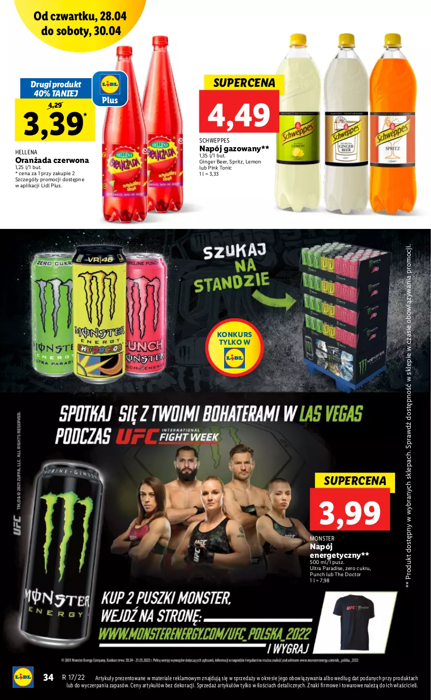 Gazetka promocyjna Lidl - GAZETKA - ważna 28.04 do 30.04.2022 - strona 34 - produkty: Gin, Hellena, Napój, Napój energetyczny, Napój gazowany, Oranżada, Schweppes